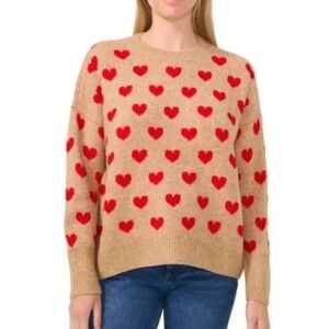 Vince Camuto Tan Sweater with Red Heart Pattern